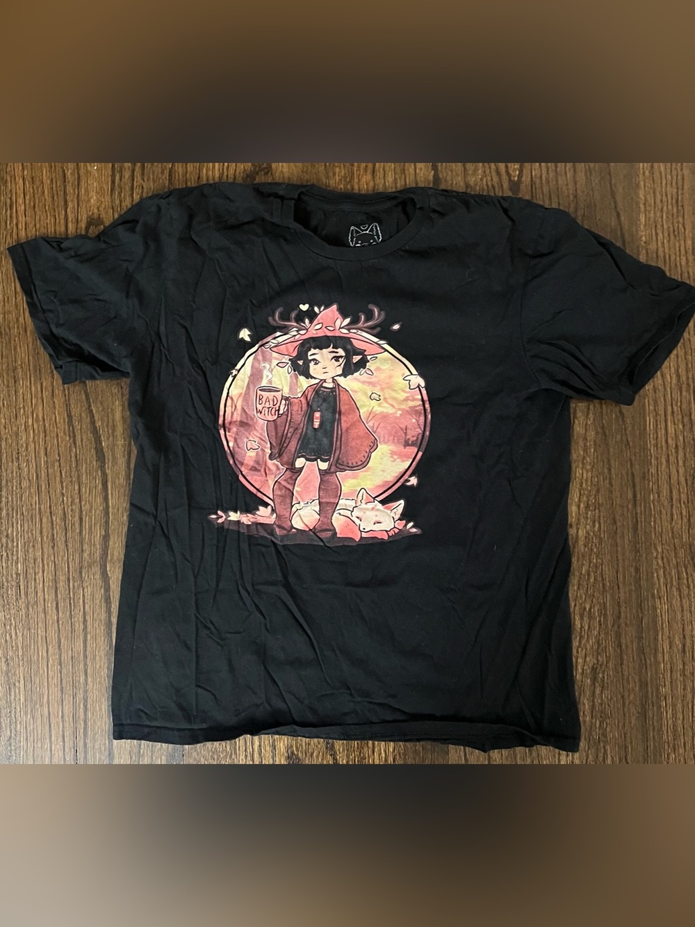 Kids Black Graphic Tee with Pink Moon Witch Design